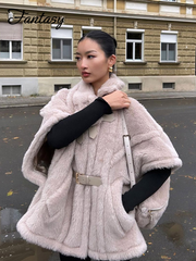 thanksgiving outfit JazzHer Elegant Faux Fur Shawl Women Coat Solid Lapel Leather Buckle Loose Cape Jacket Female 2024 Autumn Winter Thick Warm Outwear Lady