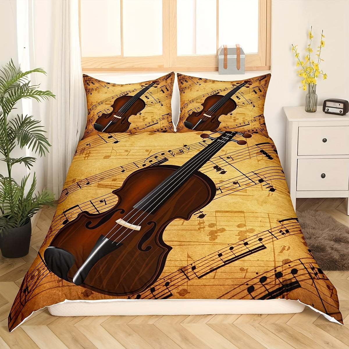 JazzHer Violin Theme Duvet Cover Set Queen Size Music Notes Bedding Set 3pcs For Women Men Xmas Bedroom Decor Violin Music Lover Comfort