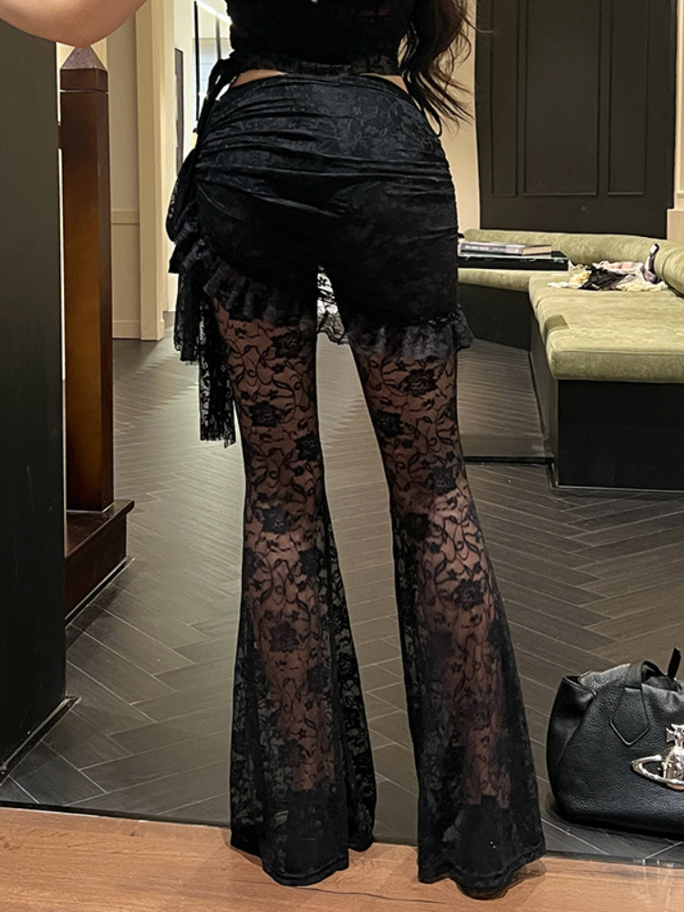 JazzHer Gothic Dark Lace Pants Women Vintage Y2k Streetwear Emo Sexy See Through Velevt Patchwork High Waist Flare Pants Female