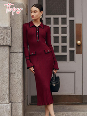 JazzHer 2025 Fashion Burgundy Lapel Ruffles Knitted Midi Dress Women's Elegant Skinny Buttons Flare Sleeved Robe New Female Chic Vestido