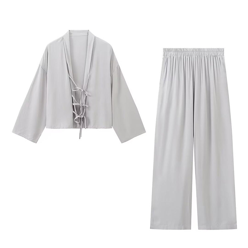 JazzHer Solid Shirt Pants Sets Women Casual  V Neck Lace Up Long Sleeve Female Tops Suits High Waist Wide Leg Pant 2025 New Lady Outfits