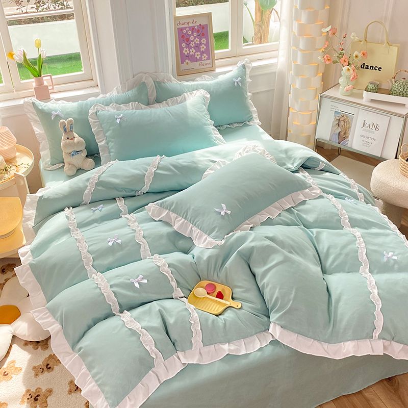 JazzHer Kawaii Korean Bedding Sets No Filling Ins Princess Style Lace Bow Duvet Cover Fitted Sheet Girl Woman Home Bedroom Bed Linens