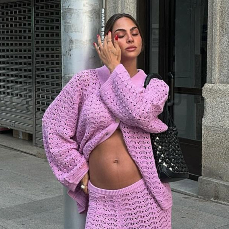 JazzHer Solid Women Knitted Suit Hollow Out Lapel Single Breasted Shirt High Waist Wide Leg Pants 2025 Fashion Autumn Lady Two Piece Set
