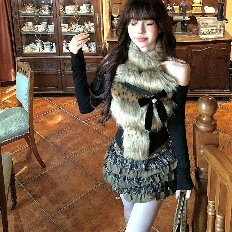 JazzHer Autumn Winter Short Skirt Suit New Leopard Print Tops + High-Waisted Y2k Mini Cake Skirt Aesthetic Fashion Two Piece Set Woman