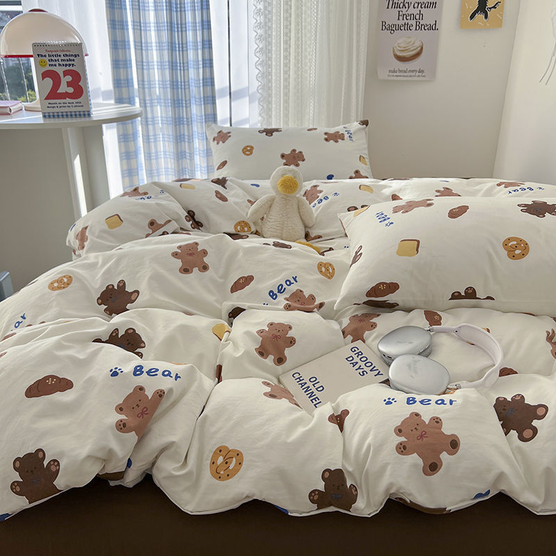 JazzHer Ins Korean Cartoon Little Bear Cute Bedding Set Autumn Winter Polyester Bed Sheet Pillowcase Twin Full Queen Size Quilt Cover