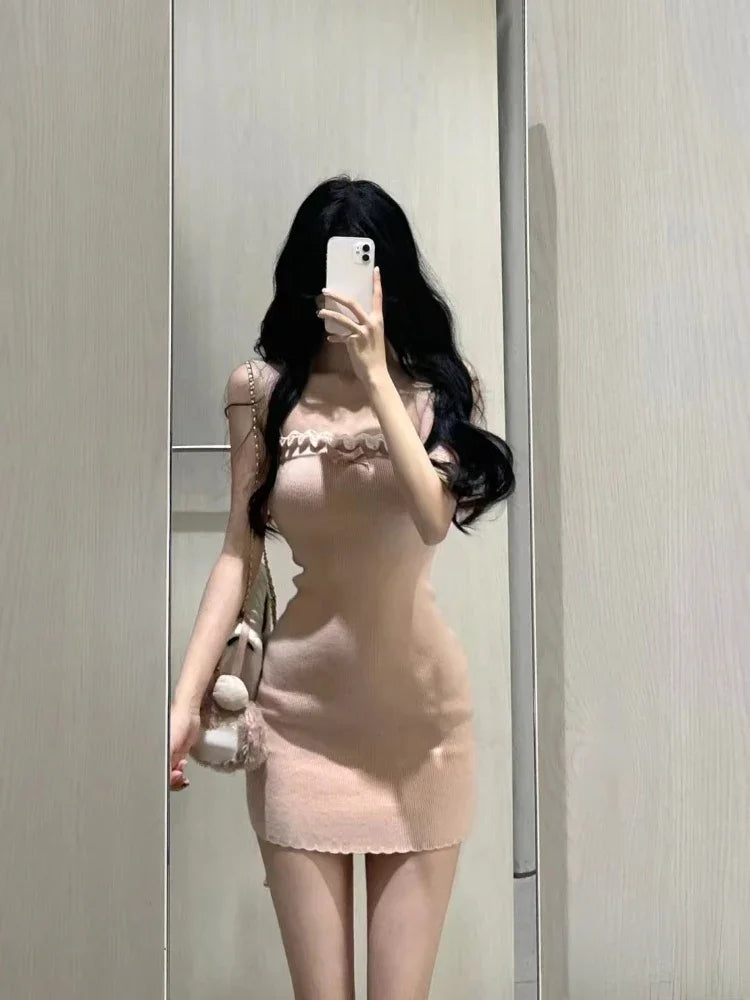 JazzHer 2025 Japanese Sweet Knitted Dress Suits Women Casual Hooded Sweater Cardigan + Y2k Slim Sexy Strap Dress Elegant 2 Piece Set New