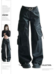 christmas outfit JazzHer Women's Black Gothic Leather Pants Y2k Emo 2000s Streetwear Vintage Oversize High Waist Trouser Harajuku Cargo Pants 90s Clothes