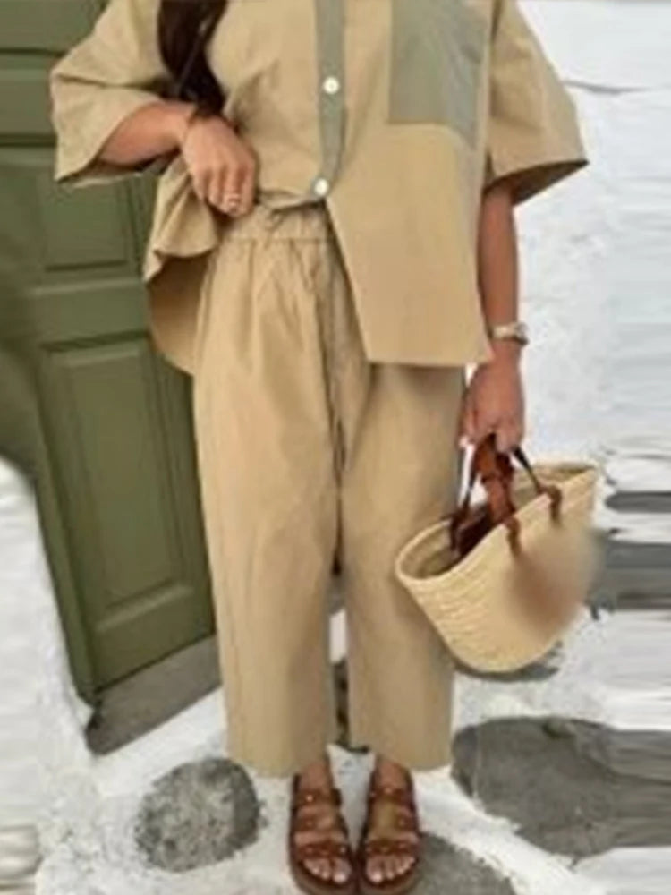 JazzHer Fashion Panelled Shirt Pants Set Women Loose Lapel Short Sleeve Button Pocket Shirts Wide Leg Pant 2024 Summer Lady 2 Piece Sets