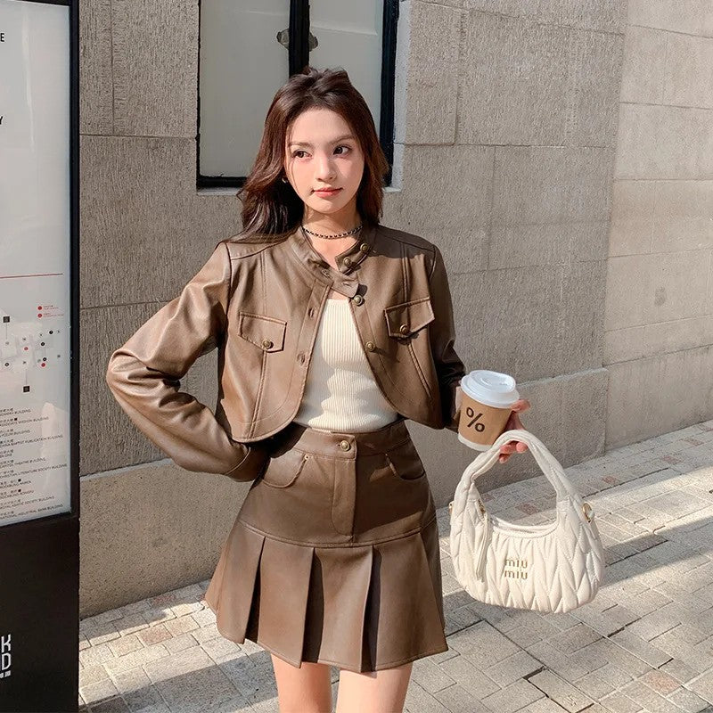 cold weather outfits JazzHer Coffee Color PU Leather Jacket And Skirt Set 2024 New Women's Autumn Miu System Chic Pleated Skirt Loose 2-Piece Set