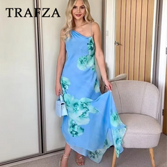 cold weather outfits JazzHer 2024 Spring Summer Casual Print Women Dresses Fashion Beach Style Floral Diagonal collar Slim Camisole Trumpet Long Dress