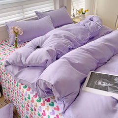 JazzHer Purple Bedding Set Ins Nordic Solid Full Queen Size Duvet Cover Flat Sheet Pillowcase No Filler Girl Boys Hotel Home Bed Linens