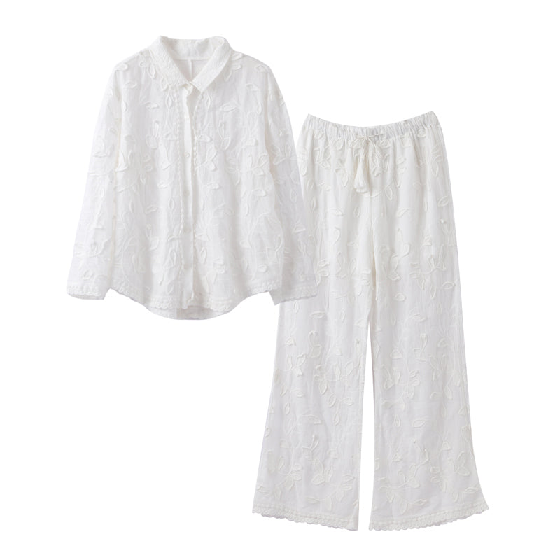 JazzHer Solid Embroidery Pants 2 Pieces Sets Women Fashion Long Sleeves Buttons Shirt Wide Leg Pants Ladies Suits 2025 New Street Outfit
