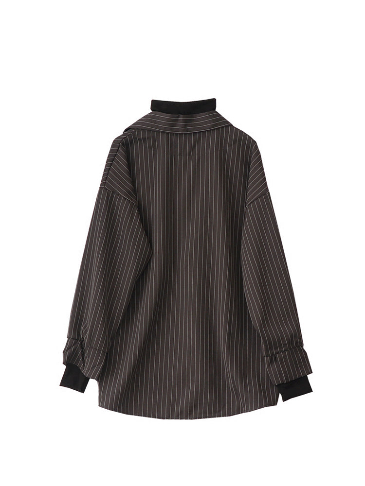 christmas outfit JazzHer Fake Two Piece Striped Shirt Women Patchwork Knitted Turtleneck 2025 Autumn Winter Long Sleeve Casual Loose Female Blouse Tops