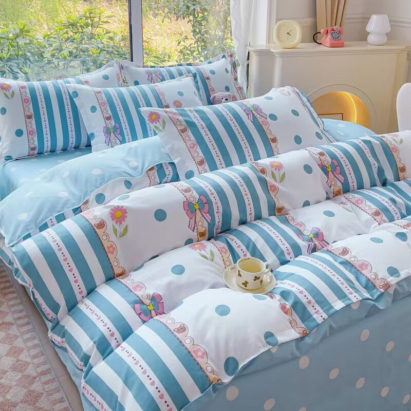 JazzHer Ins Blue Stripe Duvet Cover Set Soft Flat Sheet Quilt Cover Pillowcase Bed Linen Twin Queen Full Size Floral Bedding Set