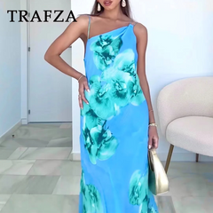 cold weather outfits JazzHer 2024 Spring Summer Casual Print Women Dresses Fashion Beach Style Floral Diagonal collar Slim Camisole Trumpet Long Dress