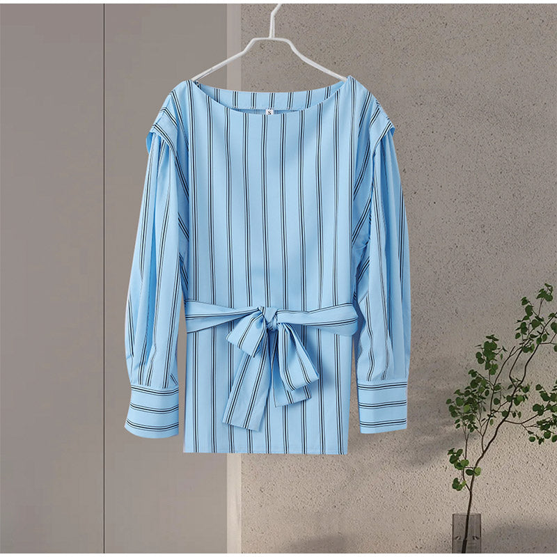 JazzHer Elegant Stripe Print Skirt Set Women Fashion Belt Lantern Sleeve Shirt Pleated Long Skirts 2024 Spring Summer Casual Lady Outfit