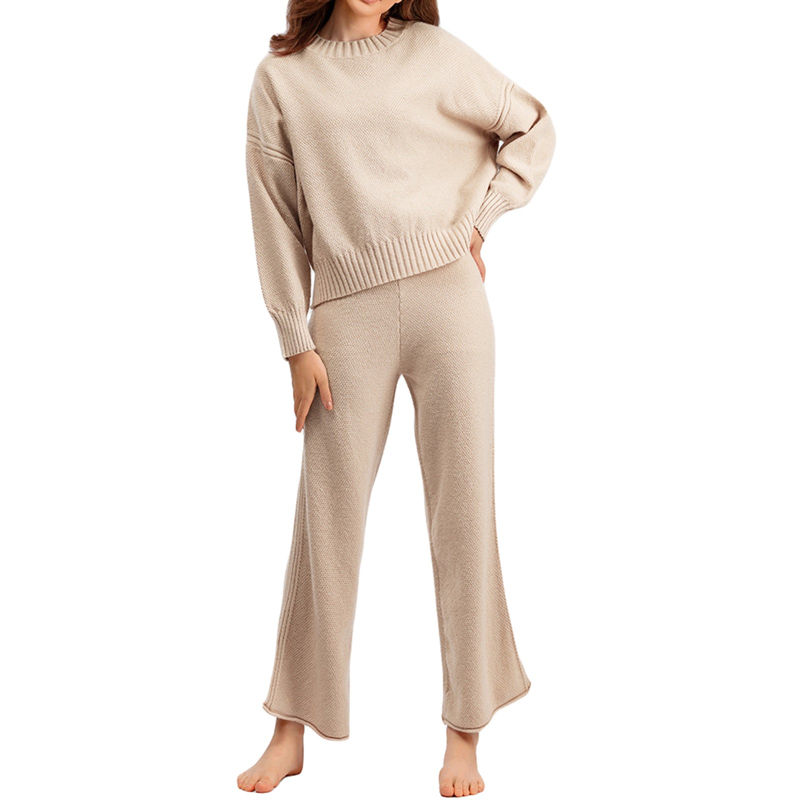 thanksgiving outfit JazzHer Women Casual Sweater Set Winter Solid Color Round Neck Sweater and Wide Leg Pants Outfits Winter 2 Piece Outfits for Yoga