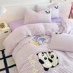 JazzHer Striped Bedding Set Full Size Cartoon Duvet Cover for Kids Purple Bed Sheet Set Single Size Panda Towel Embroidery Bedding Sets