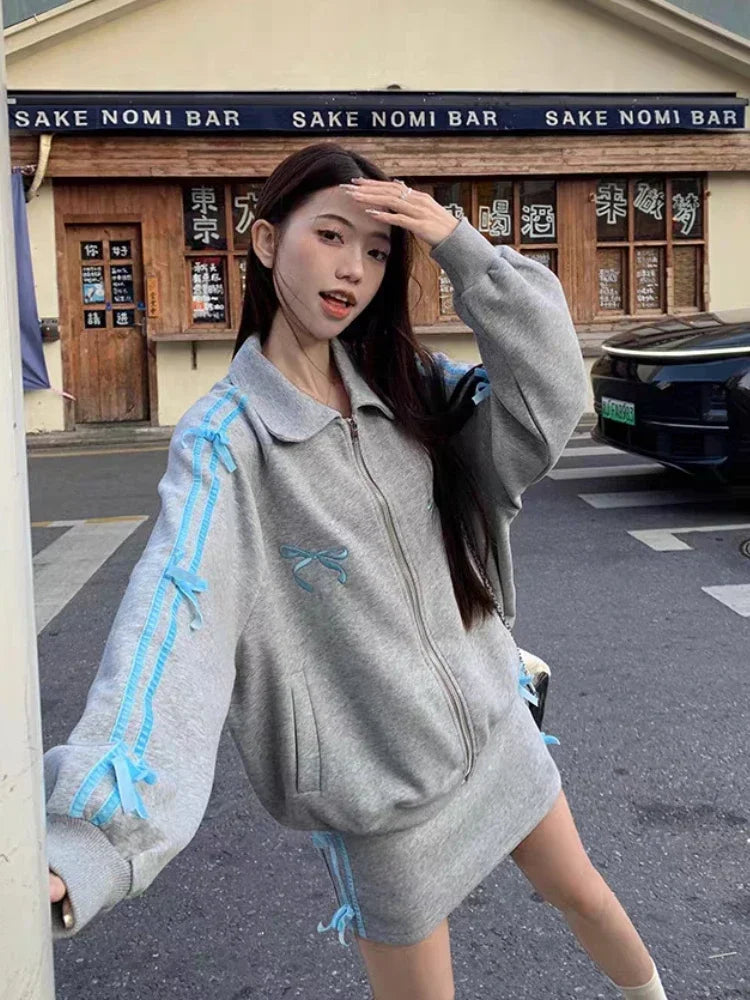 JazzHer 2 Piece Skirt Sets Female Y2k Clothing Zipper Bow Sweet Korean Fashion Hoodie Suits Women Studentseven Party Outwear 2025