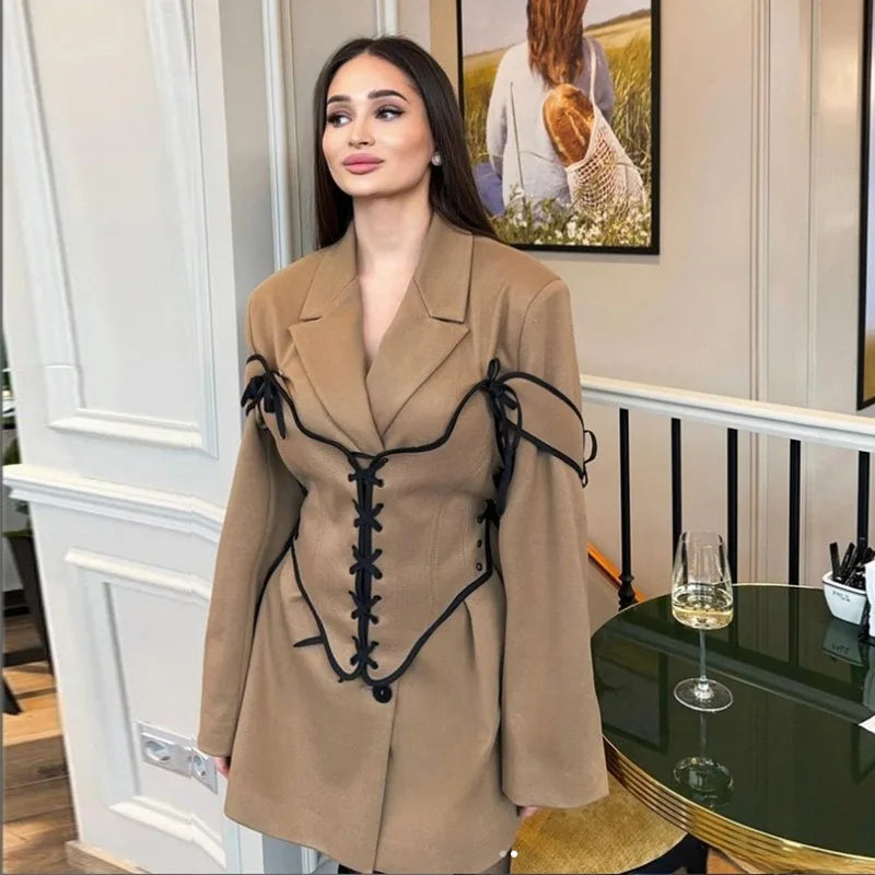 thanksgiving outfit JazzHer Elegant England Panelled Dress Women Lace Up Lapel Full Sleeves Empire Mini Dresses Female 2024 Autumn Commute Lady Robes