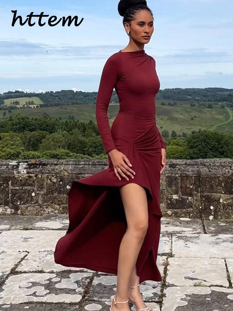 JazzHer Elegant Ruched Long Party Dress Women Bodycon O-neck Full Sleeve Package Hip Female Dresses 2024 Autumn Lady Sexy Wine Red Robes