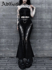 JazzHer Streetwear Gothic Pants Women Harajuku Cyber Punk Eyelet Lace-up Hollow Out High Waist Flare Pants Y2k Grunge Trousers