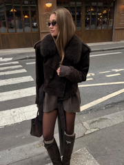 JazzHer Vintage Brown Faux Fur Collar Suede Short Jacket For Women Fashion Lace Up Long Sleeve Cropped Coat Retro Female 2024 Streetwear