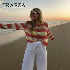 cold weather outfits JazzHer 2024 Spring Summer Casual Patchwork Women Sweaters Fashion Streetwear O Neck Crochet Striped Chic Ladies Loose Sweaters