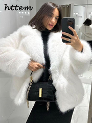 JazzHer Street Women's White Faux Fur Coat Loose Lapel Long Sleeve Female Furry Jacket 2024 Autumn Winter Lady Luxury Plush Overcoat New