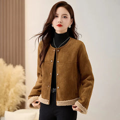 cold weather outfits JazzHer Winter Style Chamois Leather Lamb Wool Integrated Jacket Thickened Crew Neck Petite Cropped Top Stylish Warm For Cold Weather Sc