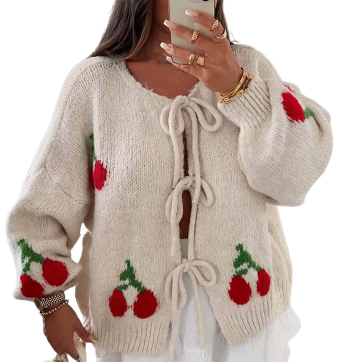 thanksgiving outfit JazzHer Women's Tie Front Knit Cardigan Cherry Pattern Long Sleeve Crew Neck Loose Sweater for Fall Winter