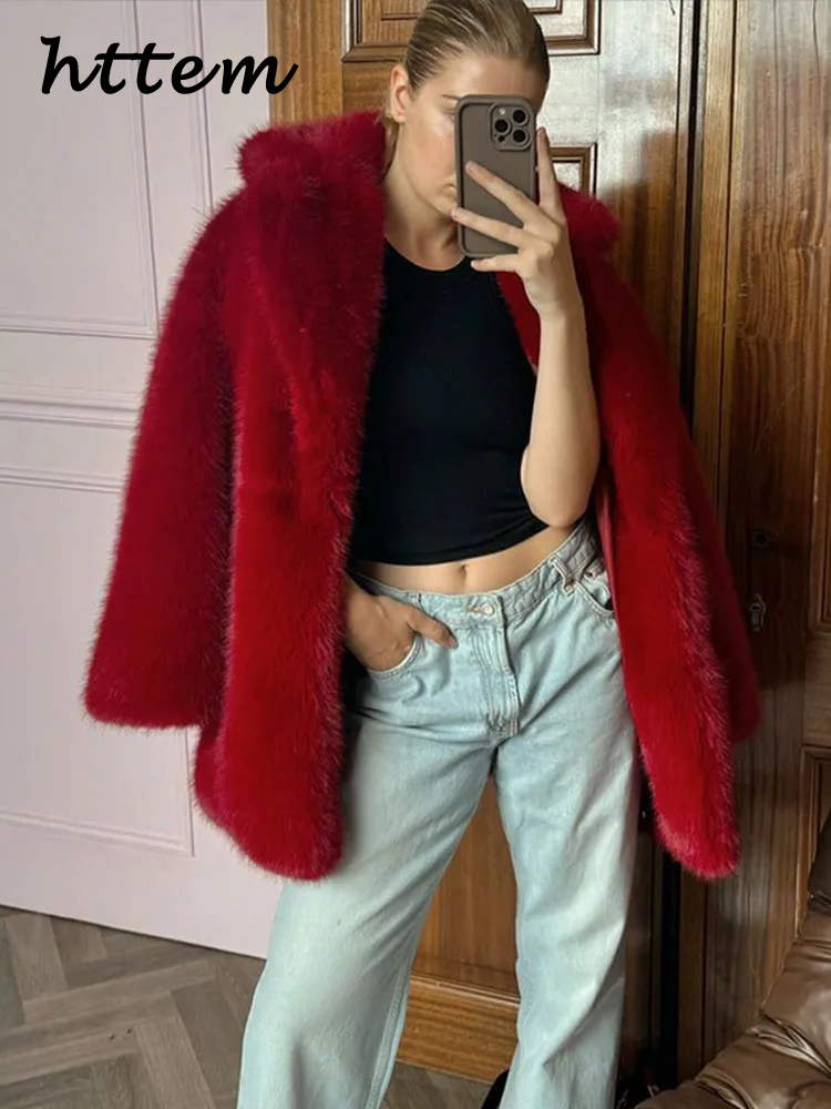 JazzHer Street Women's Red Faux Fur Coats Loose Lapel Long Sleeves Female Fluffy Jacket 2024 Winter Lady Luxury Thicken Furry Overcoats