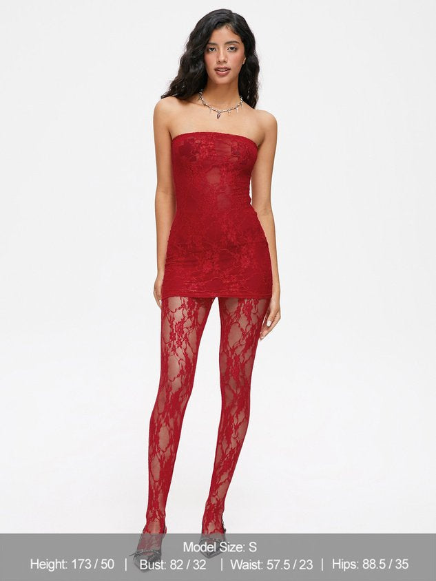 JazzHer 2024 New Lace Mesh Plain Tube Dress With Tights Two-Piece Set