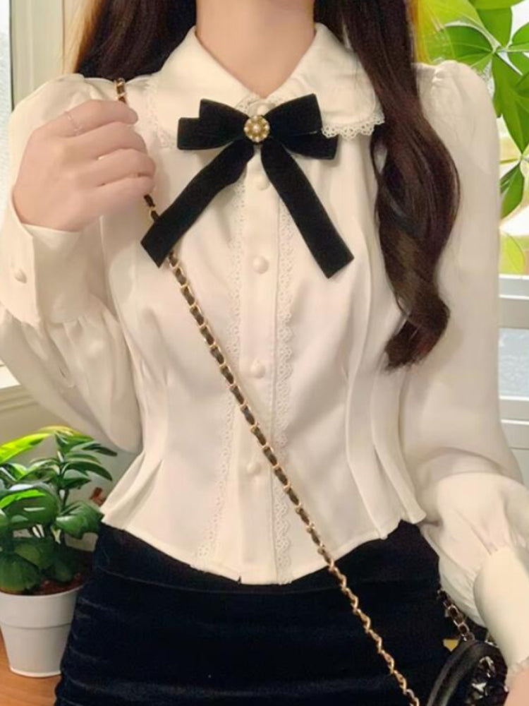 JazzHer Sexy Japan Girl Blouse Office Lady Work Women Button Solid Peter Pan Collar Ribbon Lace Short Crop Top White Shirt Femme