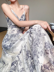 JazzHer Summer Vintage Floral Beach Long Dresses Women Elegant Spaghetti Strap Party Prom Robe Female A-line Chiffon V-neck Clothes chic
