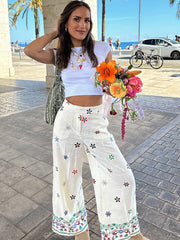 JazzHer Flower Print Trousers Suits Women 2 Pcs Casual Turn Down Collar Long Sleeve Lady Shirt Sets Wide Leg Pants 2025 New Chic Spring