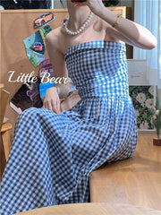 JazzHer Vintage Plaid Dress Women Korean Elegant Tube Top Folds Midi Dress Summer Holiday Beach Y2K All Match Female Vestidos