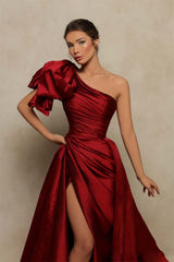 JazzHer Wine Red Satin Prom Gown A-line Side High Split One Shoulder Evening Formal Elegant Sleeveless Floor-Length Party Dresses-(PRE-ORDER)