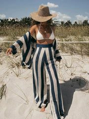 JazzHer Casual Knit Stripe Pants Sets Women Loose Lapel Button Shirt Wide Leg Hollow Out Pant 2024 Summer Lady Fashion Beach Outfits New