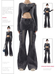 christmas outfit JazzHer Women Vintage Baggy Cargo Flare Jeans High Waist Denim Trouser Emo 2000s Y2k Harajuku 90s Black Gothic Jean Pants Trashy Clothes