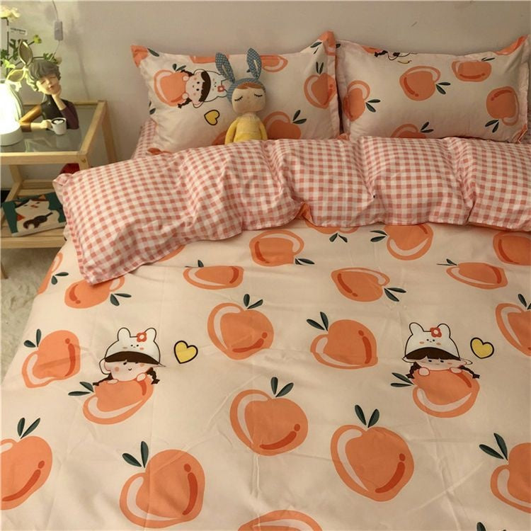 JazzHer Cute Bear Bedding Set Cartoon Floral And Animal Duvet Cover Blue Flat Sheet Soft Polyester Kawaii Queen Full Size Bed Linen