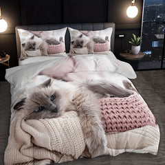 JazzHer 3pcs Lazy Cat Animal Duvet Cover Set Soft Comfortable And Breathable HD Printing Bedding For Home Dorm