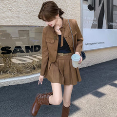 cold weather outfits JazzHer Maillardchamois Leather Vintage Korean Style Cropped Mini Dress 2024 Autumn New Arrival Women's Top Jacket Suit