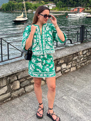 thanksgiving outfit JazzHer Embroidery Print Top Skirt Sets Women Green O-neck Lantern Sleeve Crop Tops Short Skirt Female 2024 Summer Chic Lady Outfits