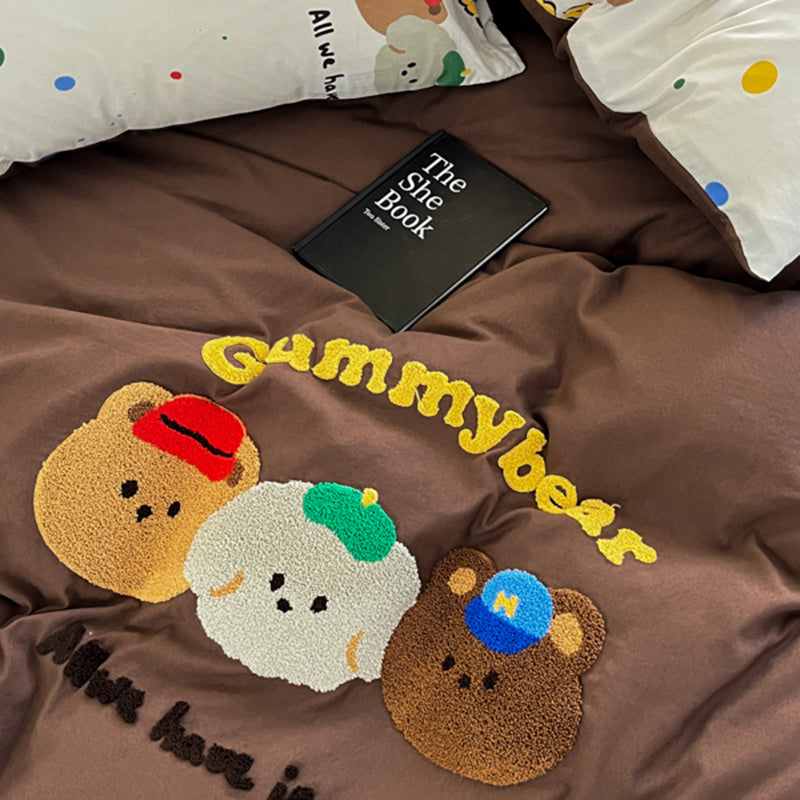 JazzHer Mocha Bear Embroidery Bedding Set Twin Queen Duvet Cover Set Pillowcases for Adult Kids Bed Flat Sheet Cute Quilt Cover Kawaii