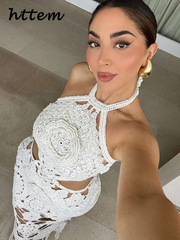 JazzHer Sexy Crochet Floral Hollow Out Long Dress Women Halter Backless Lace Up Female Beach Dresses 2024 Summer Lady Holiday Party Robe