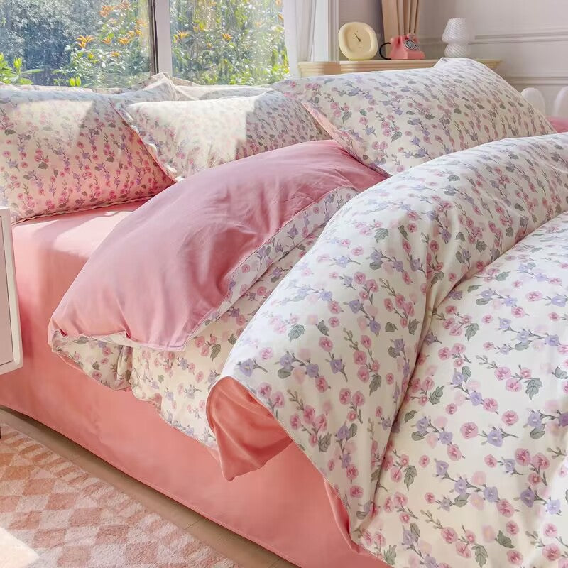 JazzHer Korean Pink Rose Duvet Cover Set Soft Green Flat Sheet Quilt Cover Pillowcase Bed Linen Twin Queen Full Size Floral Bedding Set