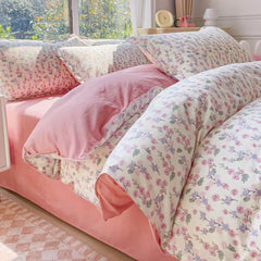 JazzHer Korean Pink Rose Duvet Cover Set Soft Green Flat Sheet Quilt Cover Pillowcase Bed Linen Twin Queen Full Size Floral Bedding Set