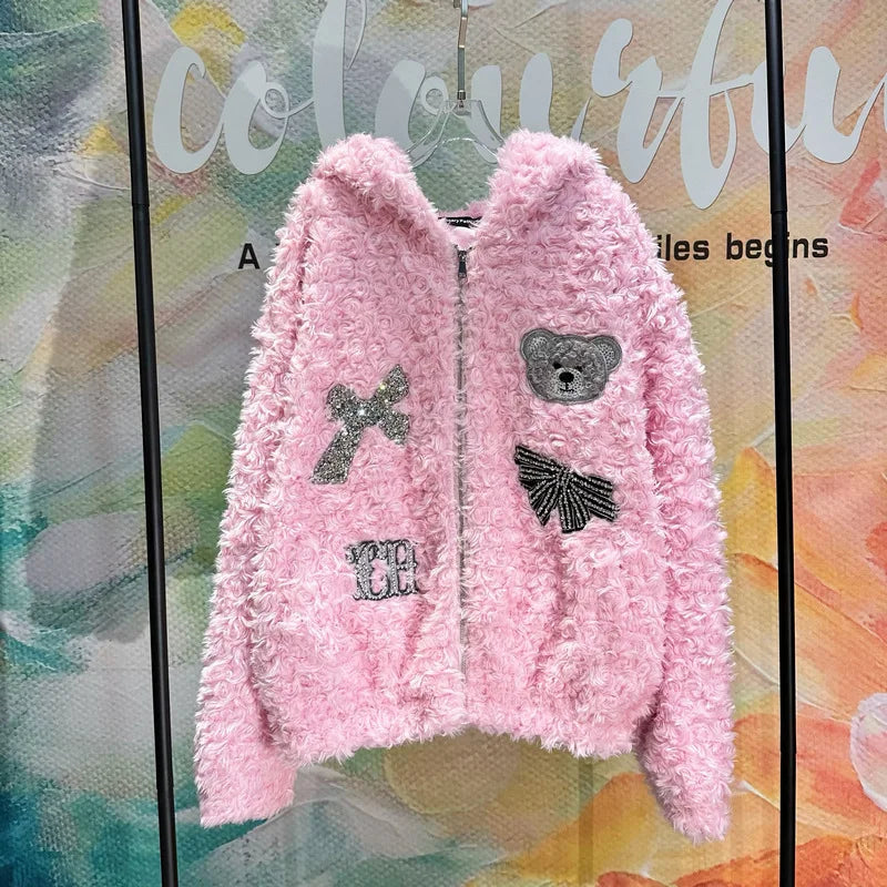 cold weather outfits JazzHer Trendy Brand Cute Pink Rhinestone Bear Jacket With Hoodie Autumn/Winter High Definition Genuine Leather Coat Handmade Embroidery