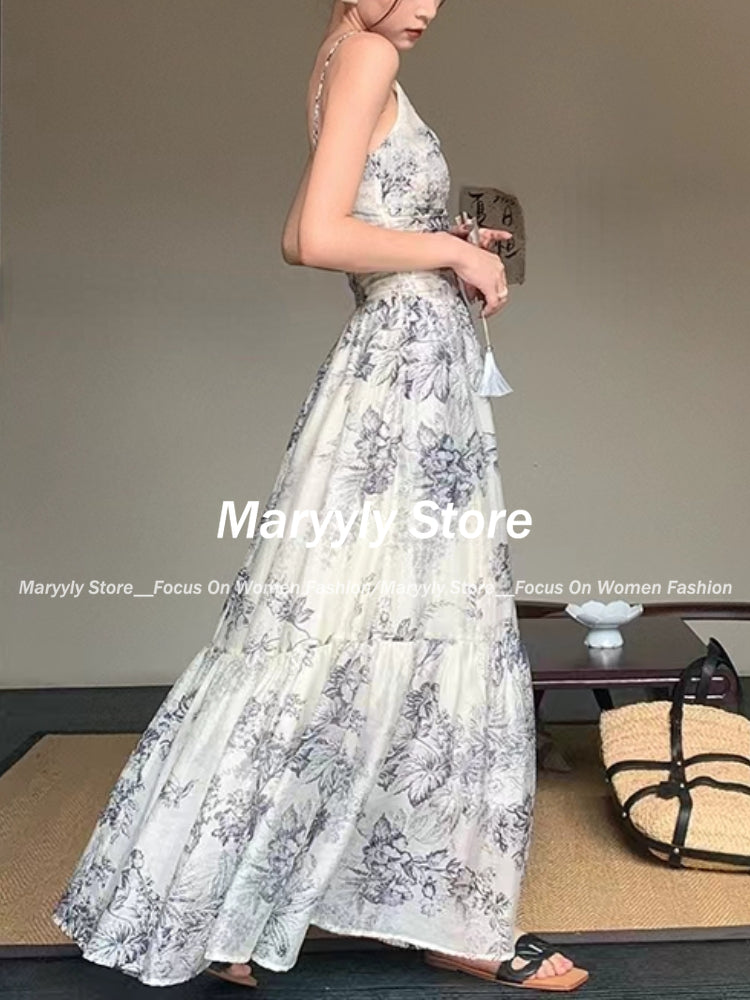 JazzHer Summer Vintage Floral Beach Long Dresses Women Elegant Spaghetti Strap Party Prom Robe Female A-line Chiffon V-neck Clothes chic